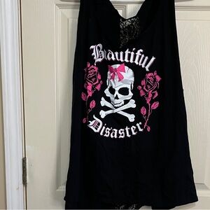 Beautiful Disaster Black and Pink Skull Muscle Tee